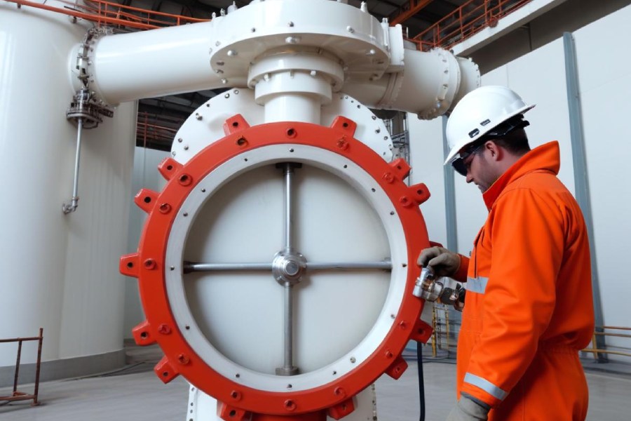 Worker inspecting a butterfly valve